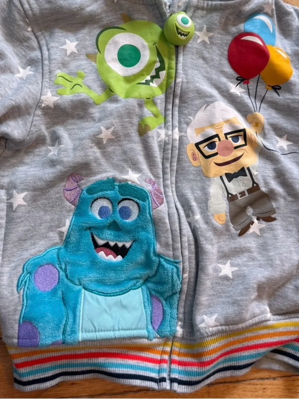 Disney 100 Pixar Boys Gray Zip Up Hoodie Monsters Inc Up Carl Sulley Mike Size 5